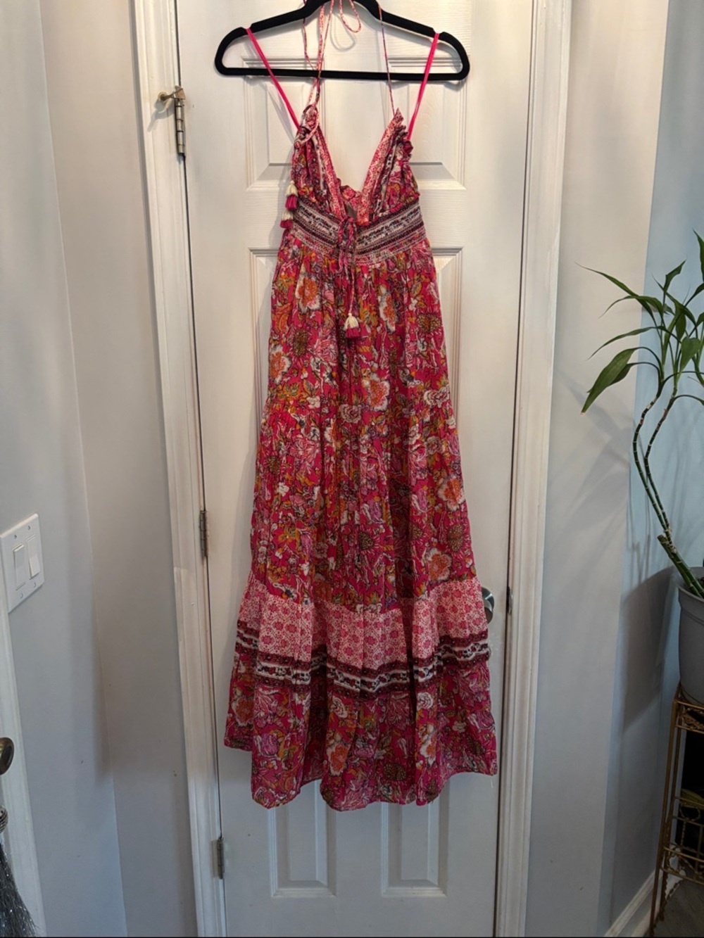 Free People Bohemian Pink Floral Maxi Dress with Spaghetti Straps